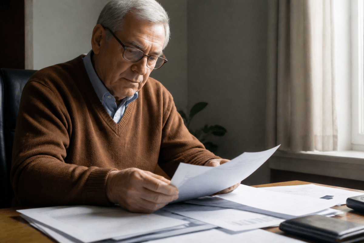 Personne agee consultant documents financiers a son bureau