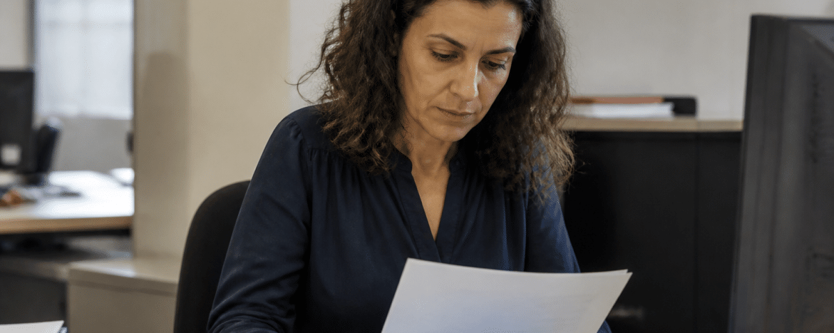 Personne assise bureau consulte document officiel administratif