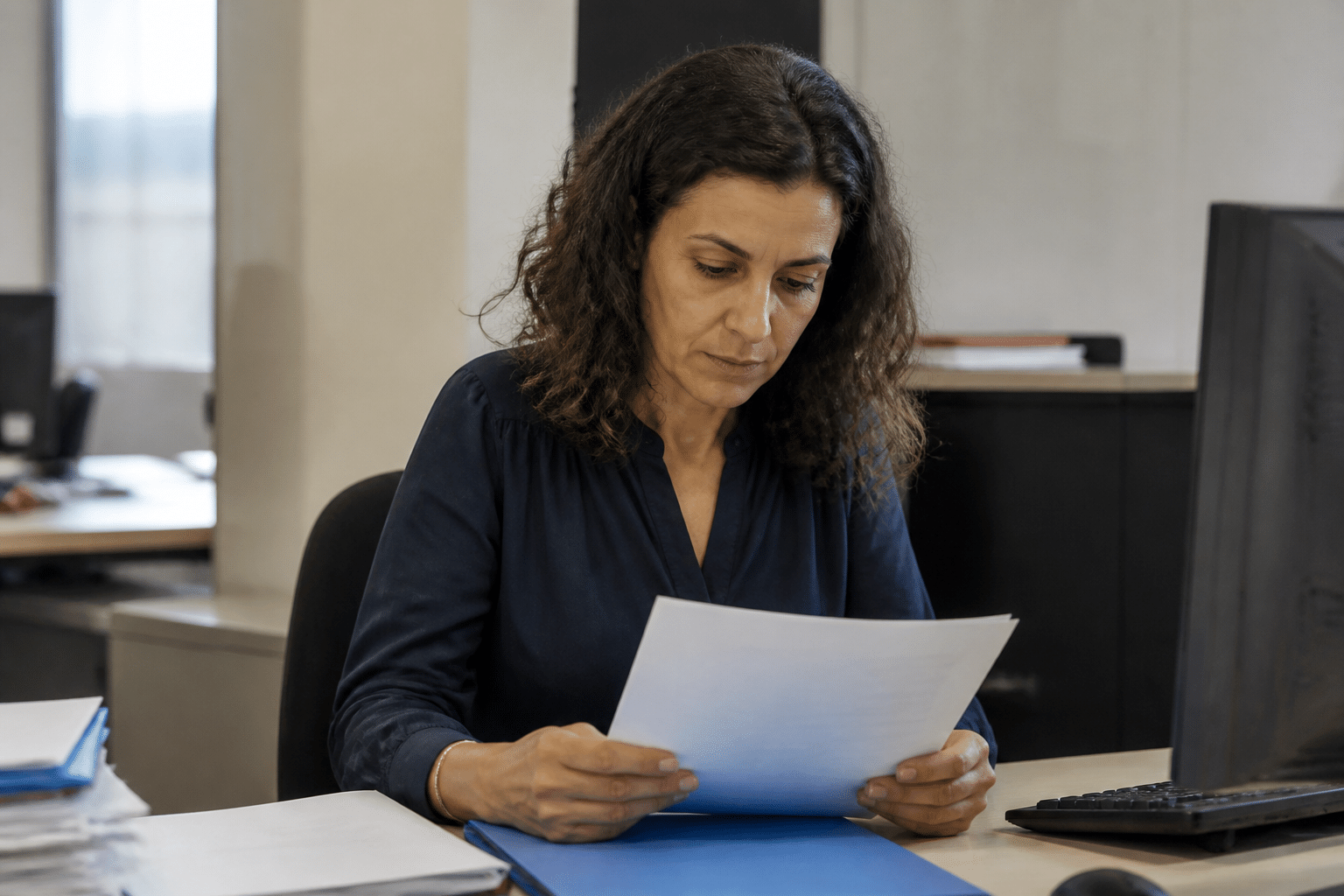 Personne assise bureau consulte document officiel administratif
