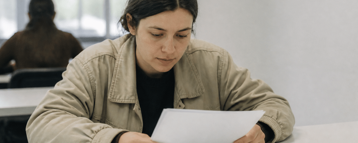 Personne consultant document administratif à bureau emploi