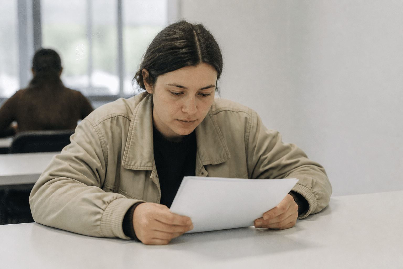 Personne consultant document administratif à bureau emploi