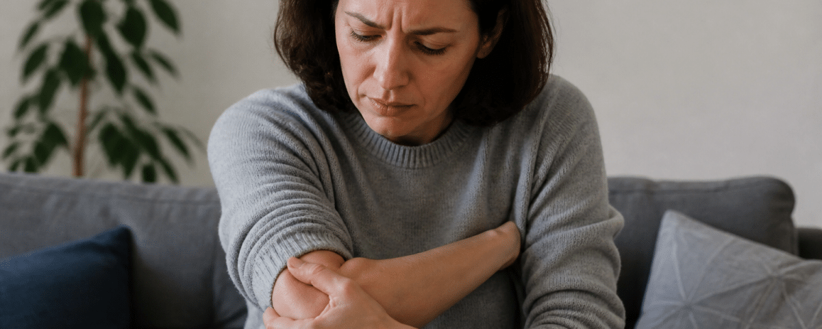 Personne tenant son coude douloureux avec sa main.