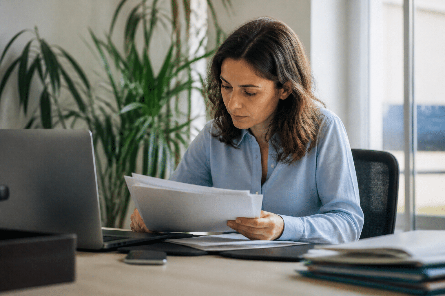 Personne etudiant des documents professionnels a son bureau