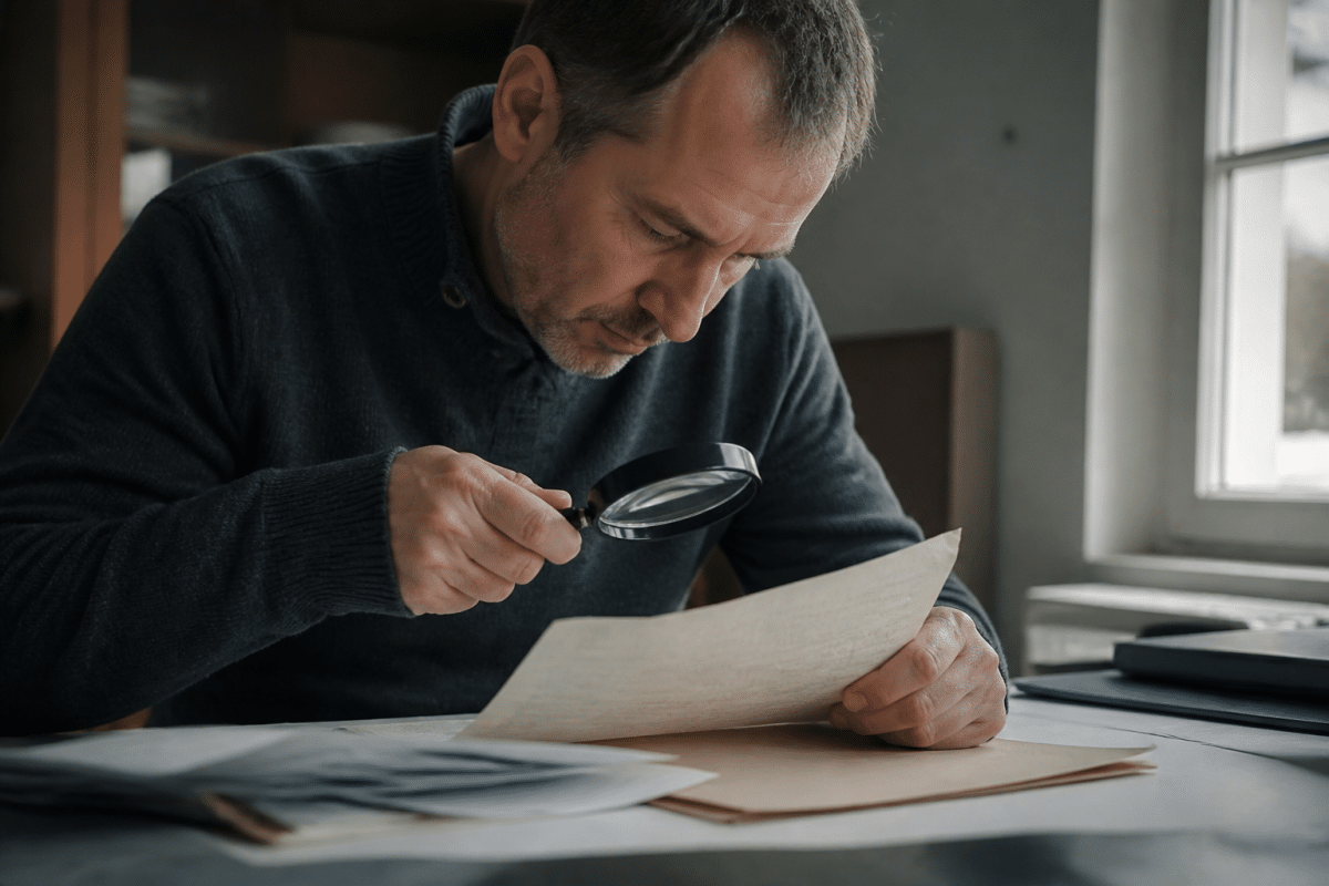 Personne examine document suspect avec loupe sur bureau