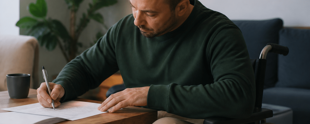 Personne en fauteuil roulant signant des documents financiers.