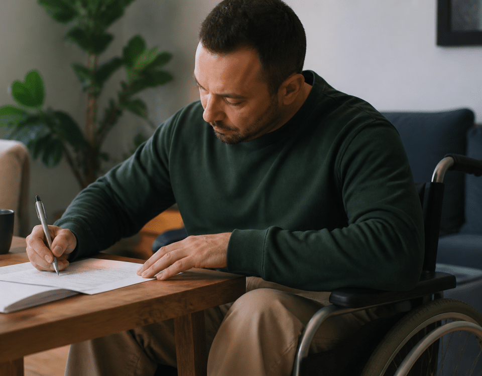 Personne en fauteuil roulant signant des documents financiers.