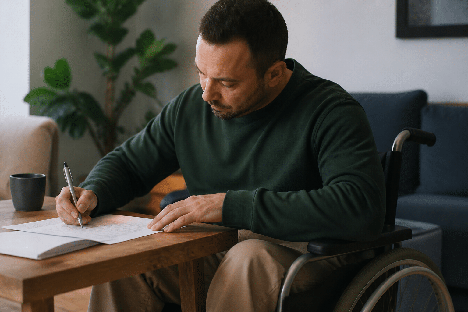 Personne en fauteuil roulant signant des documents financiers.