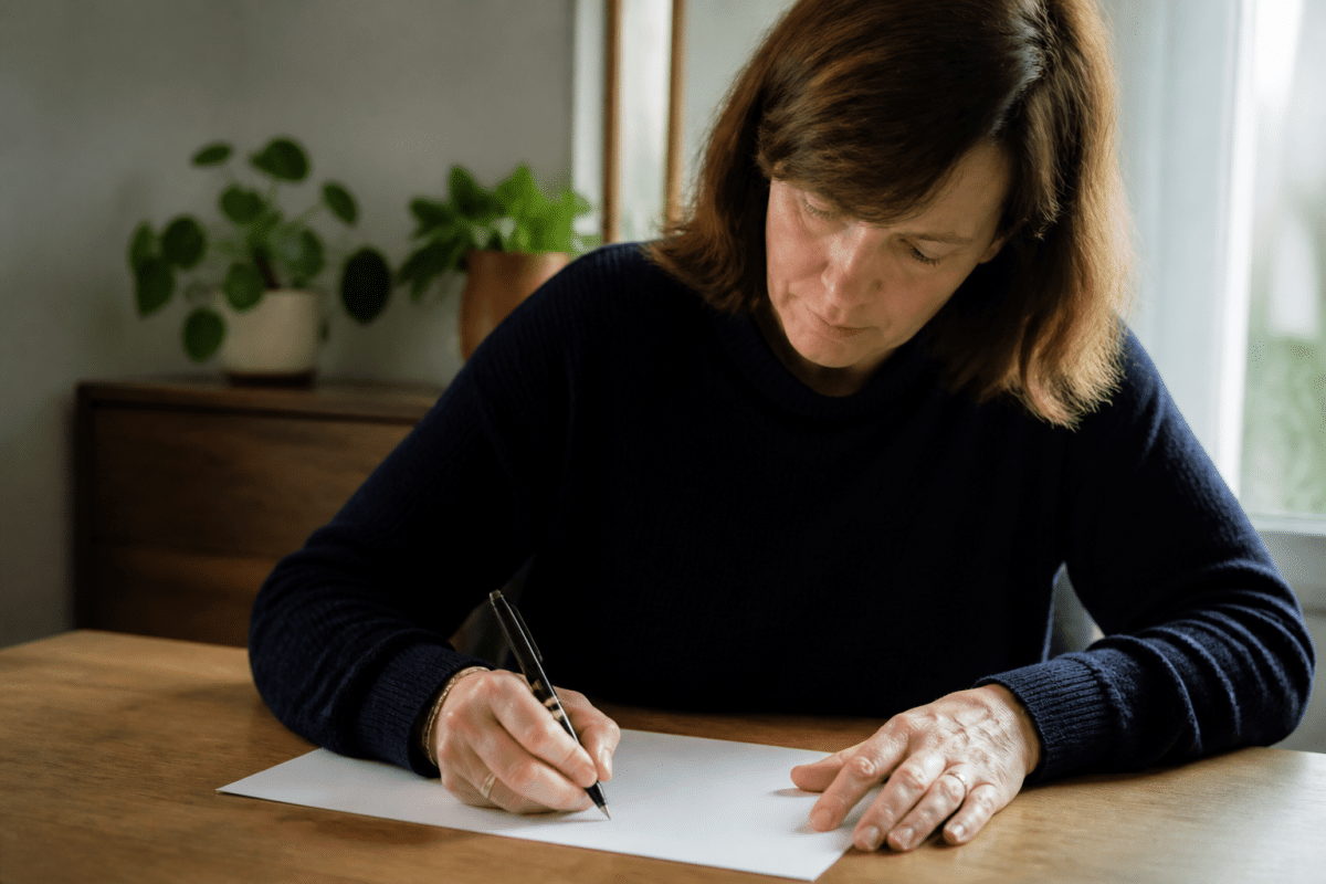 Personne redige lettre professionnelle avec stylo noir.