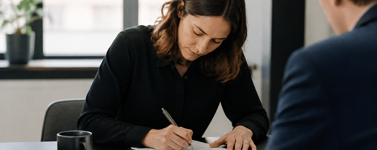 Personne signant un contrat de travail permanent au bureau.