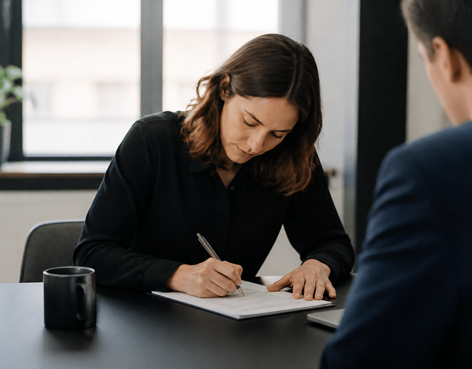 Personne signant un contrat de travail permanent au bureau.