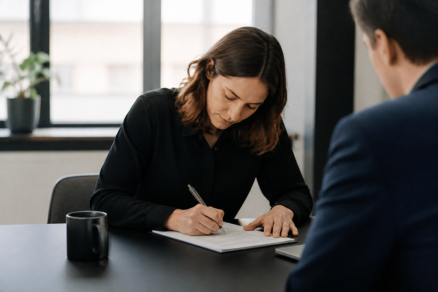 Personne signant un contrat de travail permanent au bureau.