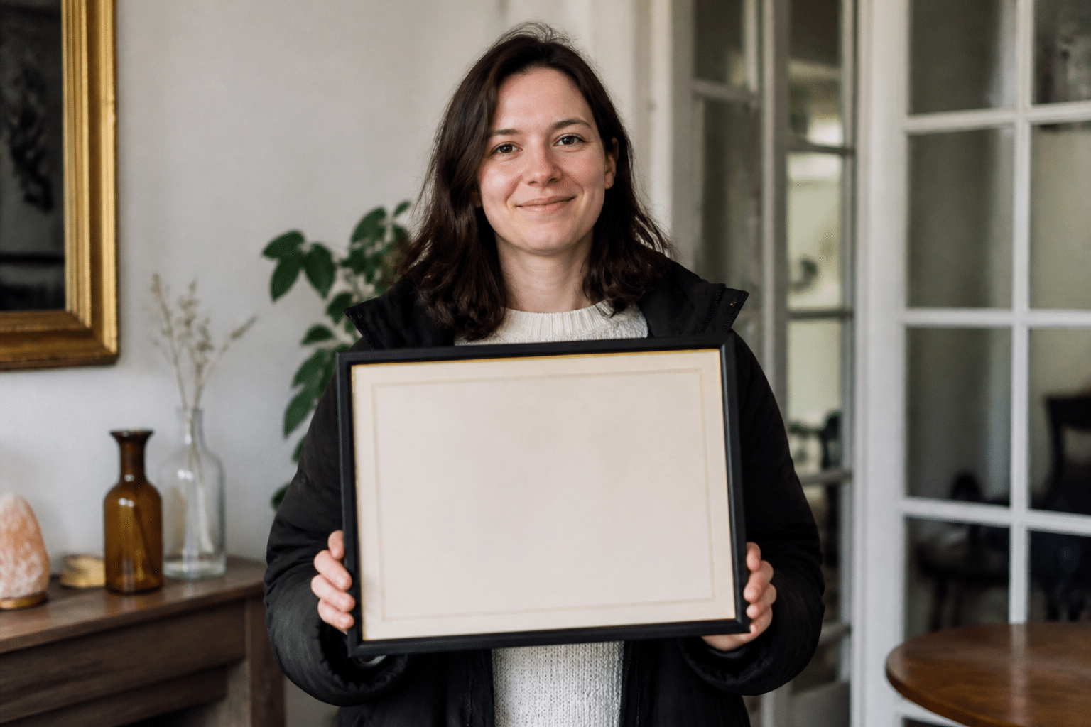 Personne tenant un diplôme encadré devant elle