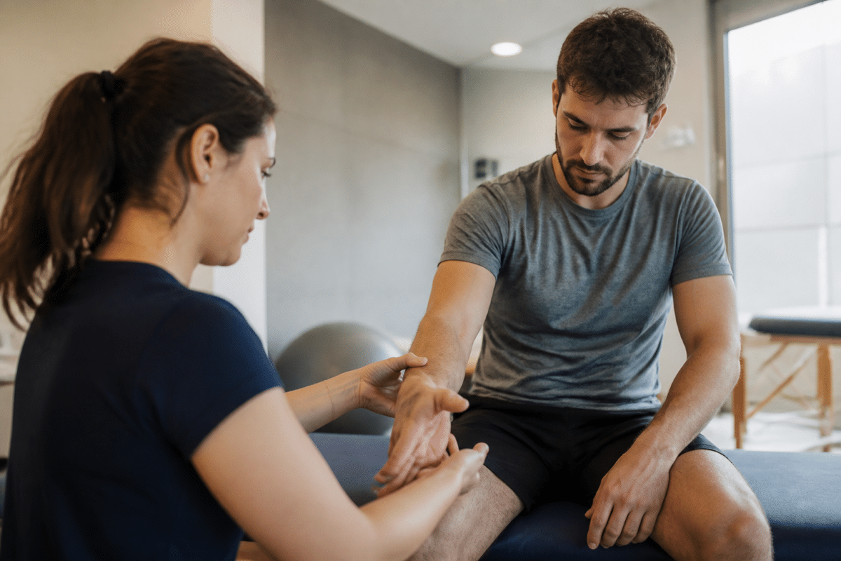 Physiotherapiste guidant exercices progressifs du poignet patient