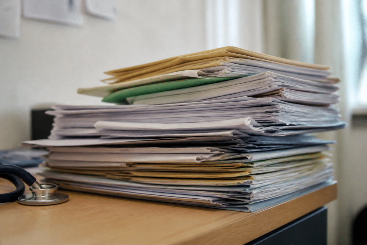 Pile de dossiers médicaux et formulaires administratifs sur bureau