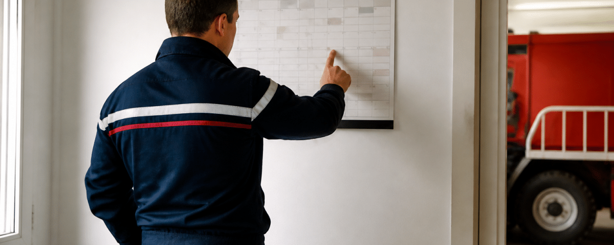 Pompier en uniforme bleu consultant calendrier mural