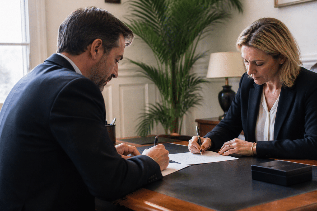 Deux professionnels signant document bureau face à face