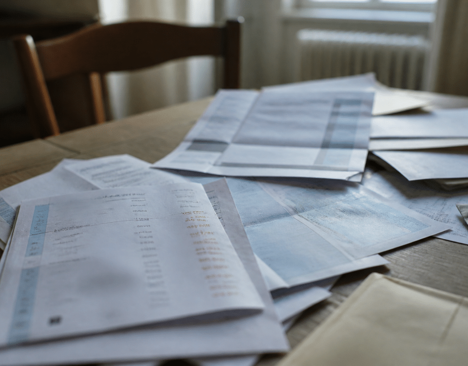 Relevé bancaire avec chiffres rouges et documents officiels gouvernementaux.