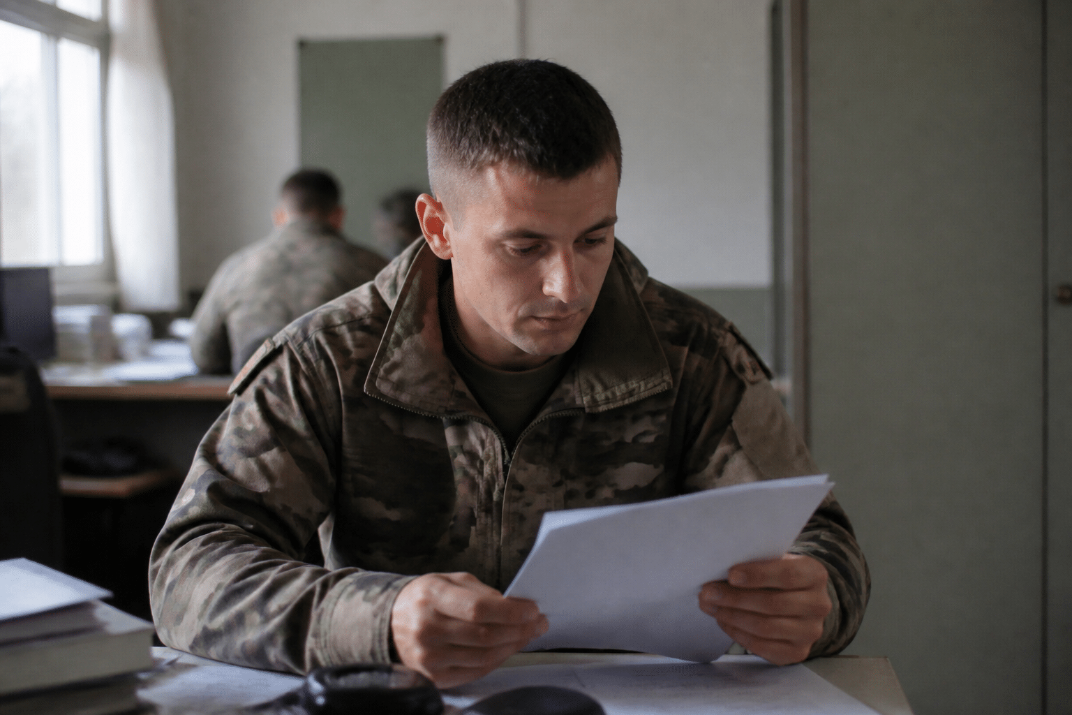 Soldat en uniforme consulte document militaire assis bureau.