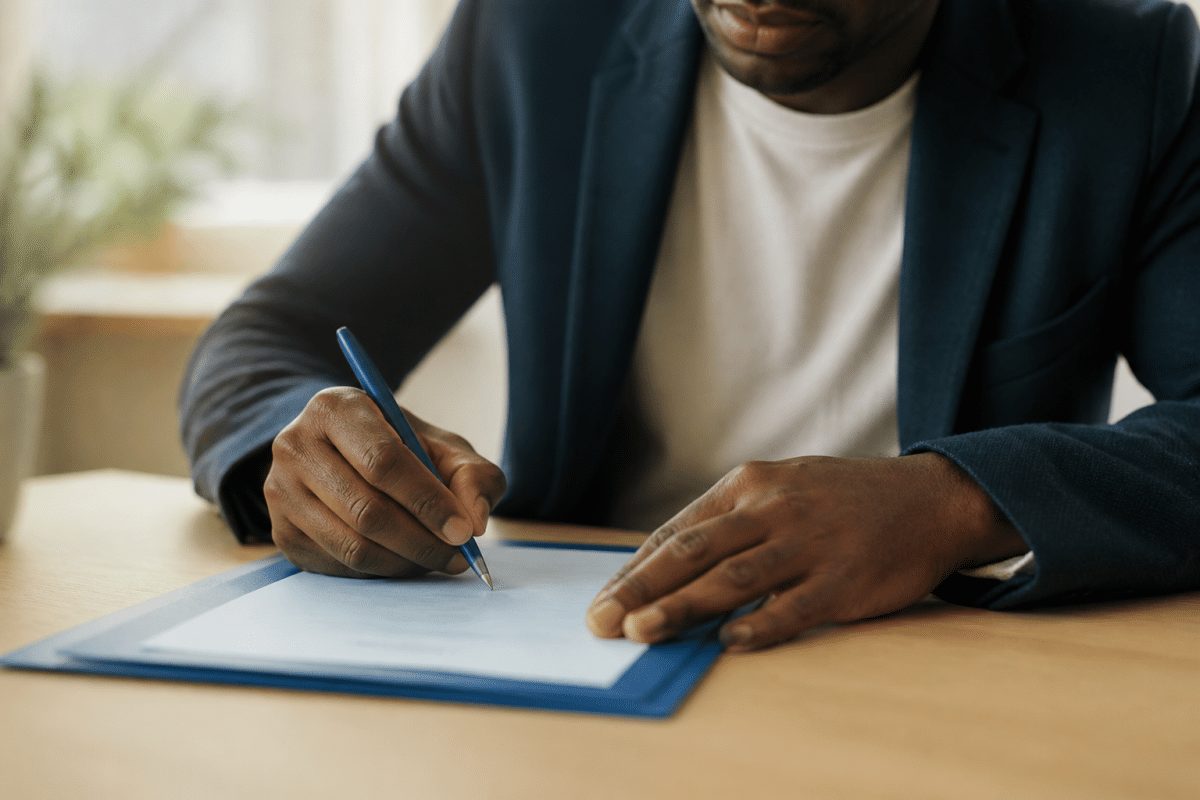 Stylo signant un contrat de travail bleu officiel
