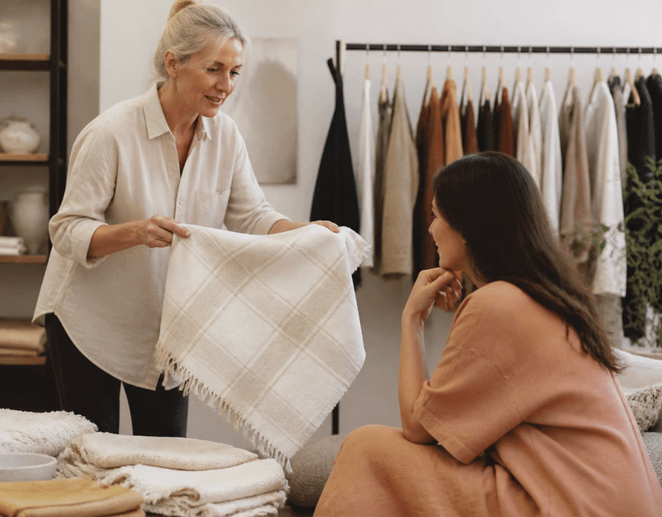 Vendeur presentant des produits a une cliente assise