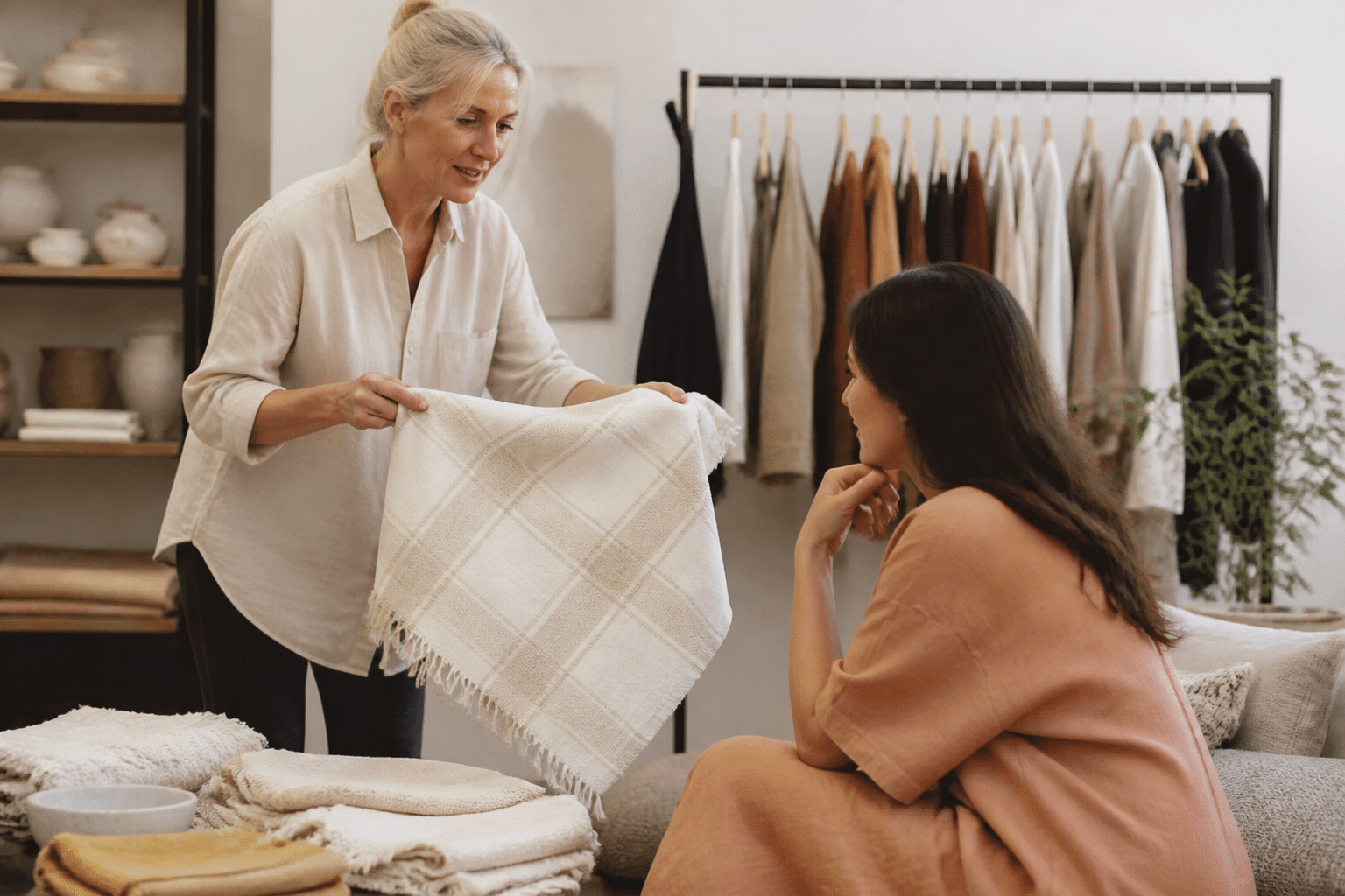 Vendeur presentant des produits a une cliente assise