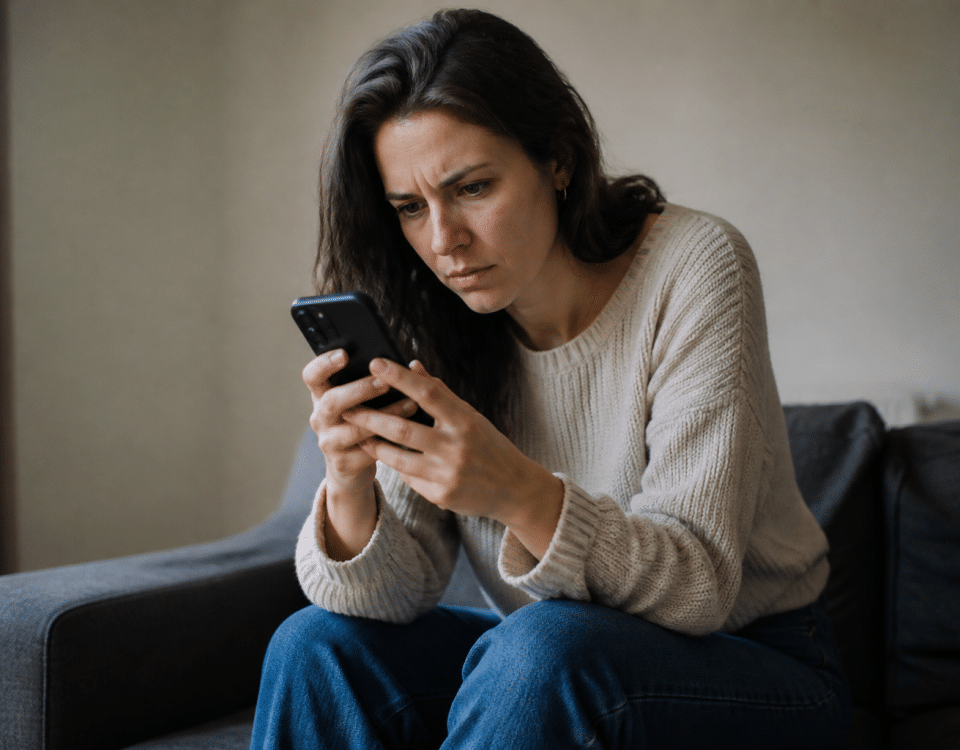 Femme assise regardant son telephone avec expression confuse.