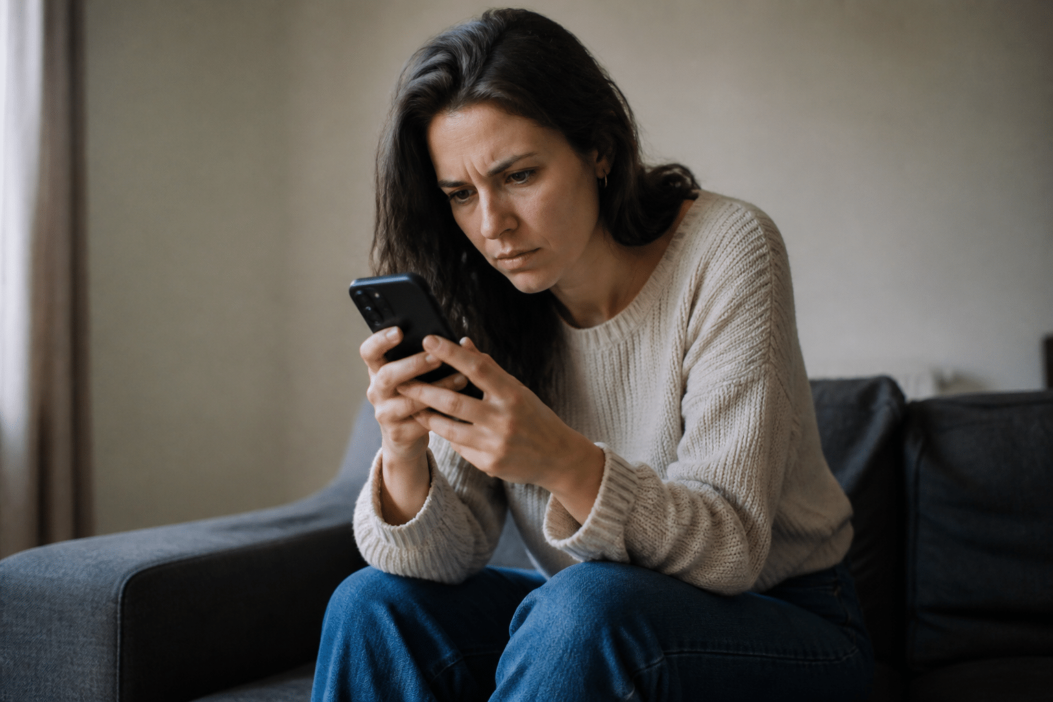 Femme assise regardant son telephone avec expression confuse.