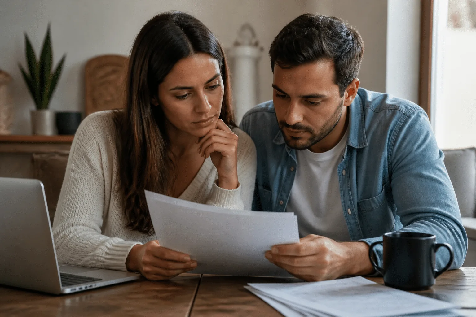 Couple regardant document financier à table ensemble.