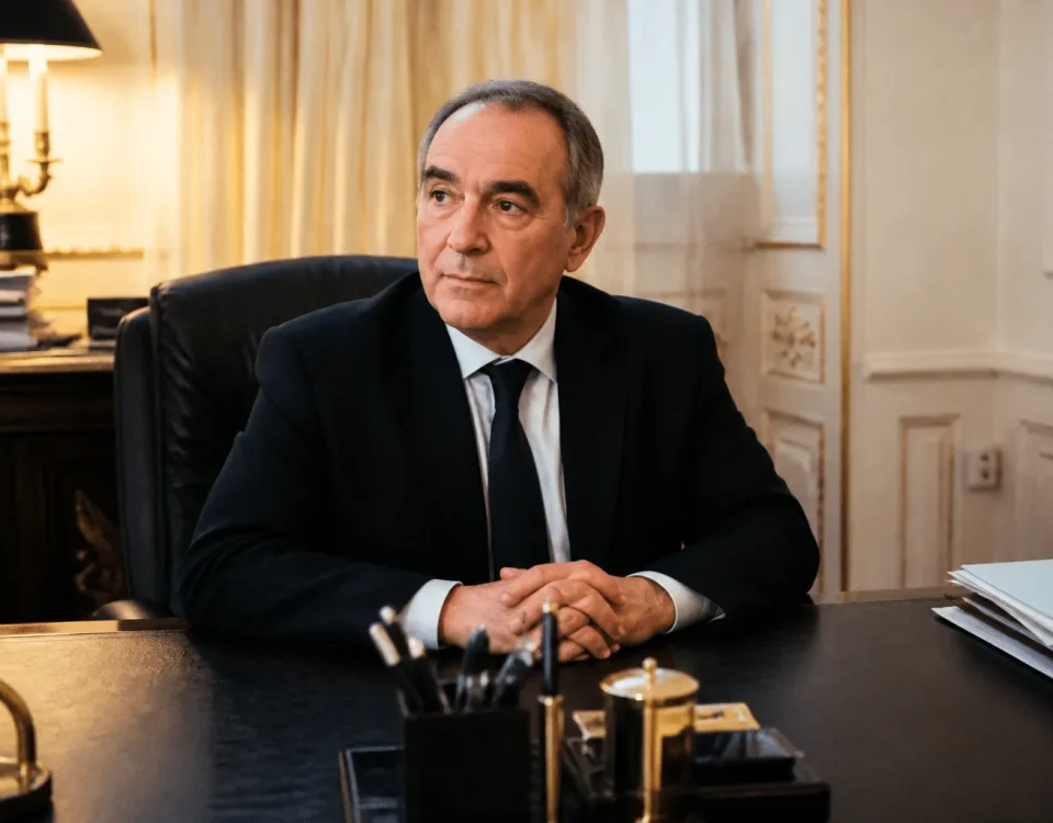 Homme en costume assis derrière bureau présidentiel
